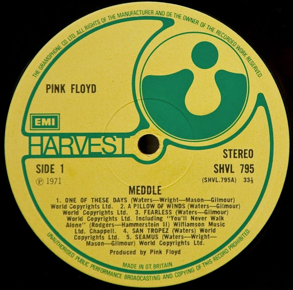 Image of Label Cover of LP - VG/G+ - PINK FLOYD, Meddle (Harvest Green, Gramophone Co. Rim, EMI Box; SHVL 795, UK 1971, Fully Textured Gatefold Sleeve, Original UK release, A-1U/B-1U Runouts), Spine wear.,  - 2646054S
