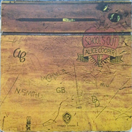 Image of Front Cover of LP - G+/VG - ALICE COOPER, School's Out (Warner Bros Burbank Label; BS2623, Canada 1973 Reissue, Die-cut fold open Desk Sleeve, This reissue did not come with the paper knickers), Light marks, one of the small die cut parts that hold the desk legs in plave is missing, the other is torn,  - 4346018S