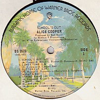 Image of Label Cover of LP - G+/VG - ALICE COOPER, School's Out (Warner Bros Burbank Label; BS2623, Canada 1973 Reissue, Die-cut fold open Desk Sleeve, This reissue did not come with the paper knickers), Light marks, one of the small die cut parts that hold the desk legs in plave is missing, the other is torn,  - 4346018S