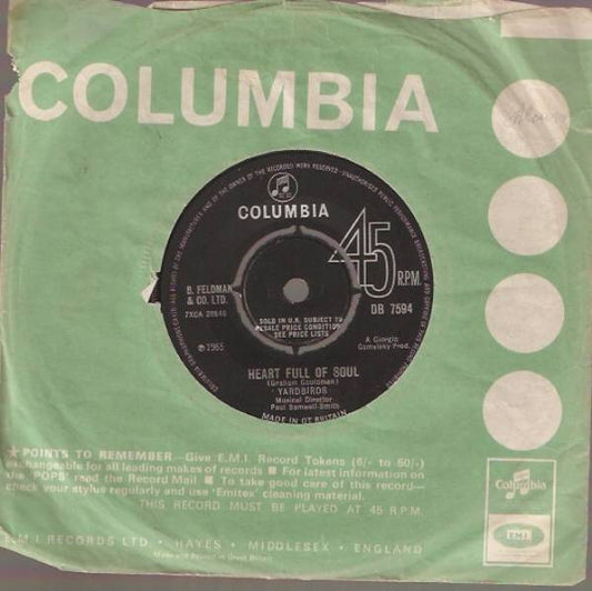 Image of Front Cover of 7" - VG+/VG+ - YARDBIRDS, Heart Full Of Soul / Steeled Blues (Columbia; DB 7594, UK 1965), Strong VG+,  - 4126121E