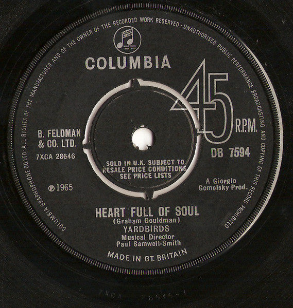 Image of Label Cover of 7" - VG+/VG+ - YARDBIRDS, Heart Full Of Soul / Steeled Blues (Columbia; DB 7594, UK 1965), Strong VG+,  - 4126121E