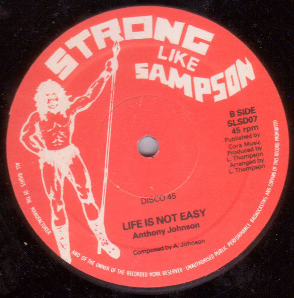 Image of Back Cover of 3124129E: 12" - BARRY BROWN / ANTHONY JOHNSON, Natty Dread Nar Run / Life Is Not Easy (Strong Like Sampson (Red label); SLSD07, UK 1980s, Company Sleeve) Visually quite a few marks on wax but plays like a VG. Tiny writing on sleeve on one side only. Company sleeve has creasing and edgewear.   G+/G+