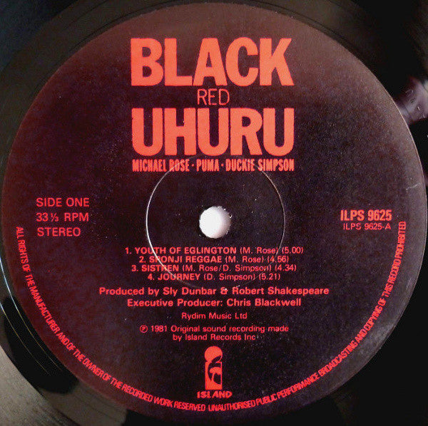 Image of Label Cover of 5114220C: LP - BLACK UHURU, Red (Island Records; ILPS 9625, UK 1981, Picture sleeve, Inner, Black Labels, Red Print.) Strong VG to sleeve - light creases only. Vinyl is EX but label has a small patch of wear.  VG/VG+