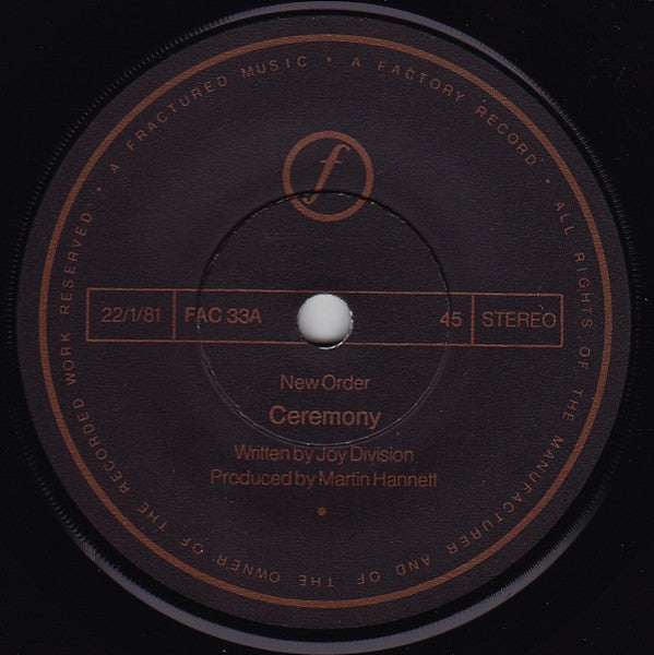 Image of Label Cover of 7" - VG/VG - NEW ORDER, Ceremony / In a Lonely Place (Factory; FAC 33, UK 1981, Debossed Metallic Sleeve, Damont Pressing), Sleeve Worn,  - 1026077E