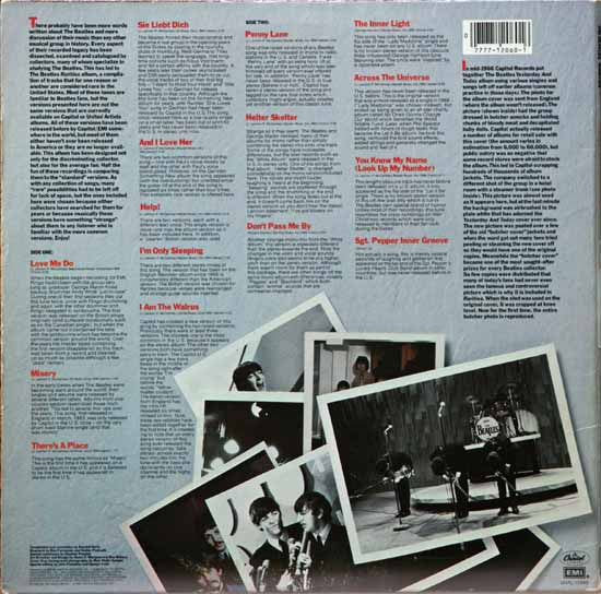 Image of Back Cover of 2444336S: LP - THE BEATLES, Rarities (Capitol Rainbow Rim; SHAL12060, US 1980, Debossed Gatefold, Inner, Jacksonville Pressing, 1st Cover) Small split at bottom center of inner. Strong VG.  VG/VG