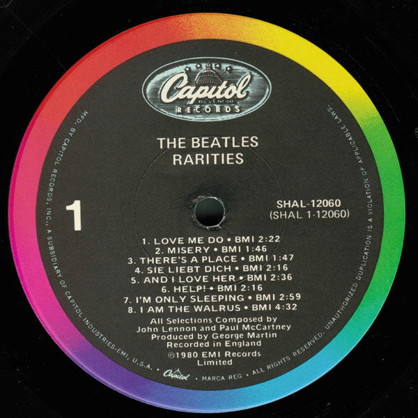 Image of Label Cover of 2444336S: LP - THE BEATLES, Rarities (Capitol Rainbow Rim; SHAL12060, US 1980, Debossed Gatefold, Inner, Jacksonville Pressing, 1st Cover) Small split at bottom center of inner. Strong VG.  VG/VG