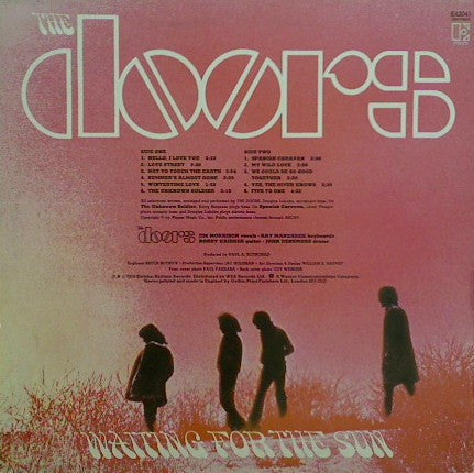 Image of Back Cover of 3624113E: LP - THE DOORS, Waitng For The Sun (Elektra Butterfly, "W" on Label Rim; K42041, UK 1976 Reissue) Sleeve has creasing, ringwear, dented corners. Many light marks and scuffs on vinyl.   VG/G+