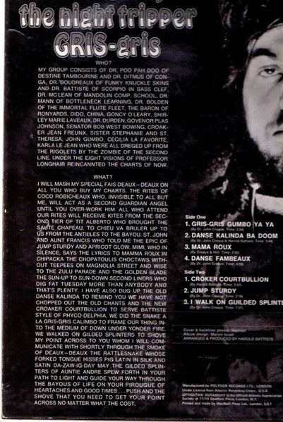 Image of Back Cover of LP - VG/F - DR. JOHN, Gris Gris (Atlantic Plum & Orange; 588147, UK 1968, Laminated Sleeve, Stereo), Lots of marks and hairlines, Plays with surface noise, Scratchy marks to sleeve laminate and a couple creases. ,  - 1416518C