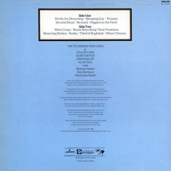 Image of Back Cover of LP - VG/VG - THE TEARDROP EXPLODES, Kilimanjaro (Mercury; 6359 035, UK 1981 Reissue, Inner, Zebras Sleeve, Julian Cope photo on inner), ,  - 1926029E
