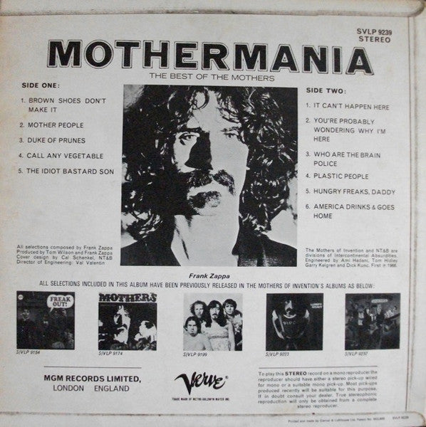 Image of Back Cover of LP - VG/VG - THE MOTHERS OF INVENTION, Mothermania (Verve Records; SVLP 9239, UK 1969, Laminated Flipback Sleeve), Spots of fogging on both sides. ,  - 1916088C