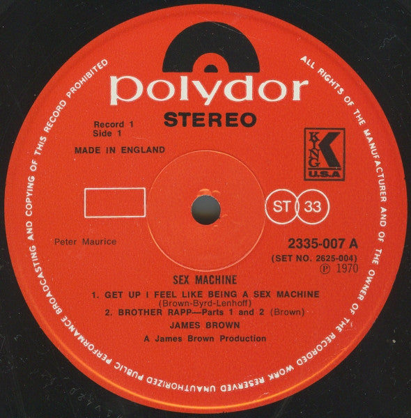 Image of Back Cover of 2xLP - VG/VG - JAMES BROWN, Sex Machine (Polydor; 2625 004, UK 1970, Gatefold), Light hairlines. Edgewear. Previous customer sticker on back of sleeve and on one label.,  - 4026360E
