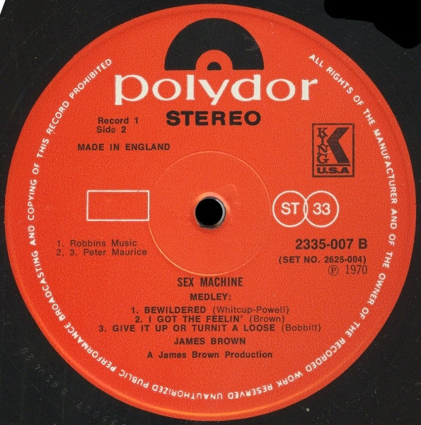 Image of Label Cover of 2xLP - VG/VG - JAMES BROWN, Sex Machine (Polydor; 2625 004, UK 1970, Gatefold), Light hairlines. Edgewear. Previous customer sticker on back of sleeve and on one label.,  - 4026360E