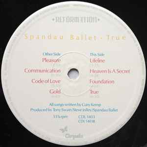 Image of Label Cover of LP - VG/VG - SPANDAU BALLET, True (Reformation; CDL 1403, UK 1983, Textured Sleeve, Inner, Lacquer Cut Credits Side B Only), ,  - 2316315C