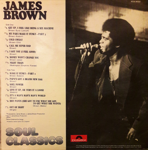 Image of Back Cover of LP - VG+/VG+ - JAMES BROWN, Soul Classics (Polydor; ACB 00222, UK 1970s Reissue), ,  - 3926064E