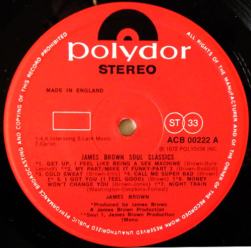 Image of Label Cover of LP - VG+/VG+ - JAMES BROWN, Soul Classics (Polydor; ACB 00222, UK 1970s Reissue), ,  - 3926064E