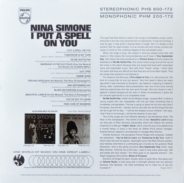 Image of Back Cover of LP - NEW/NEW - NINA SIMONE, I Put A Spell On You (Philips; 5360570, Europe 2016 Reissue, No Insert, 180 Gram Vinyl, No Download Code), , Given her extensive and varied recording catalog, if you're looking for a place to explore the talents of the late Nina Simone, then 1965's I Put a Spell On You is a great place to dip your toes - particular if you want to start with her more pop oriented sides.As was the case with many mid-1960s releases, Simone's record label had a major say in t