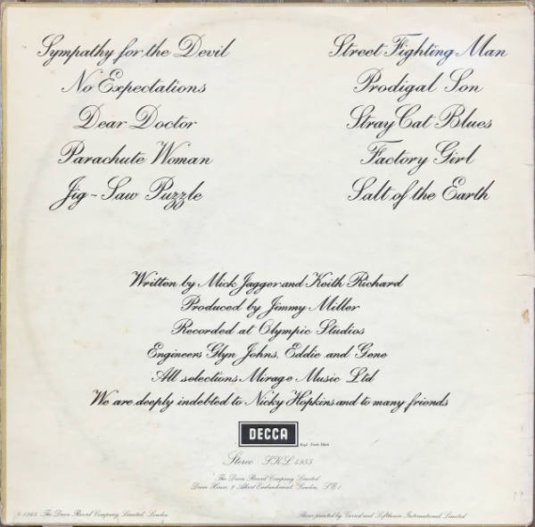 Image of Back Cover of LP - VG/G+ - THE ROLLING STONES, Beggars Banquet (Decca Blue Unboxed; SKL4955, UK 1968, Laminated Garrod & Lofthouse Gatefold Sleeve, Stereo, J/T Tax Code on Label, Side Numbers to Left of Spindle Hole), Edge Wear,  - 3146102S