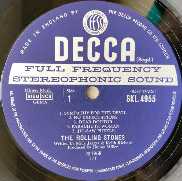 Image of Label Cover of LP - VG/G+ - THE ROLLING STONES, Beggars Banquet (Decca Blue Unboxed; SKL4955, UK 1968, Laminated Garrod & Lofthouse Gatefold Sleeve, Stereo, J/T Tax Code on Label, Side Numbers to Left of Spindle Hole), Edge Wear,  - 3146102S