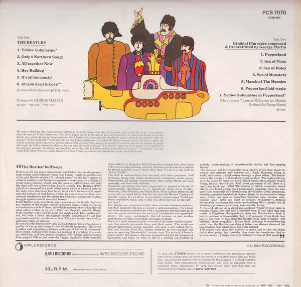 Image of Back Cover of LP - VG/VG - THE BEATLES, Yellow Submarine (Apple; PCS 7070, UK 1976 Reissue, Laminated Front Sleeve G&L Sleeve), ,  - 2416385C