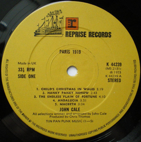 Image of Label Cover of LP - VG/G+ - JOHN CALE, Paris 1919 (Reprise Tan Riverboat No WB Logo; K44239, UK 1973, Insert), Couple of dodgy looking marks but plays well, grubby sleeve and insert.,  - 3816297C