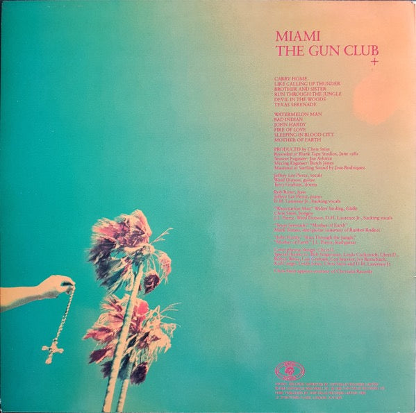 Image of Back Cover of LP - VG/G - THE GUN CLUB, Miami (Animal; CHR 1398, UK 1982), Lots of light marks and hairlines, Nothing major, Sleeve has edge wear and sticker damage/residue, Comes with neat DIY NME print outs from '82.,  - 3216075C