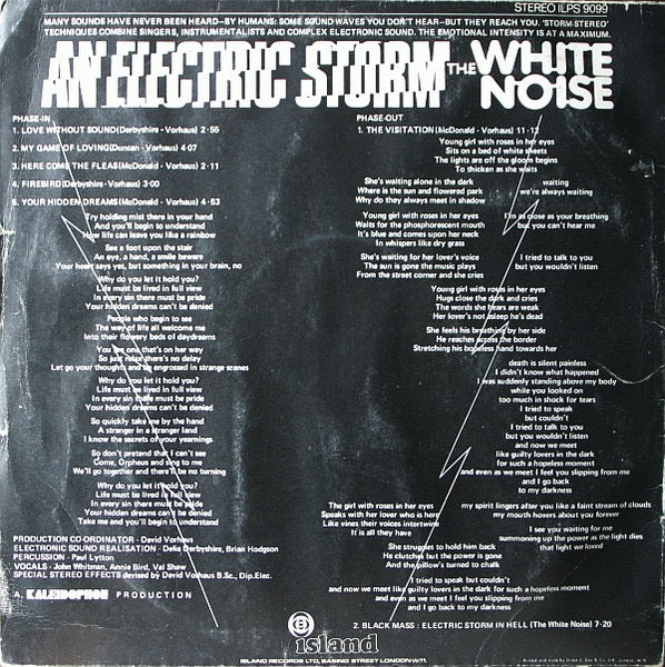 Image of Back Cover of 2014330C: LP - WHITE NOISE, An Electric Storm (Island Pink/i logo; ILPS 9099, UK 1970 Reissue, Repress)   VG/VG+