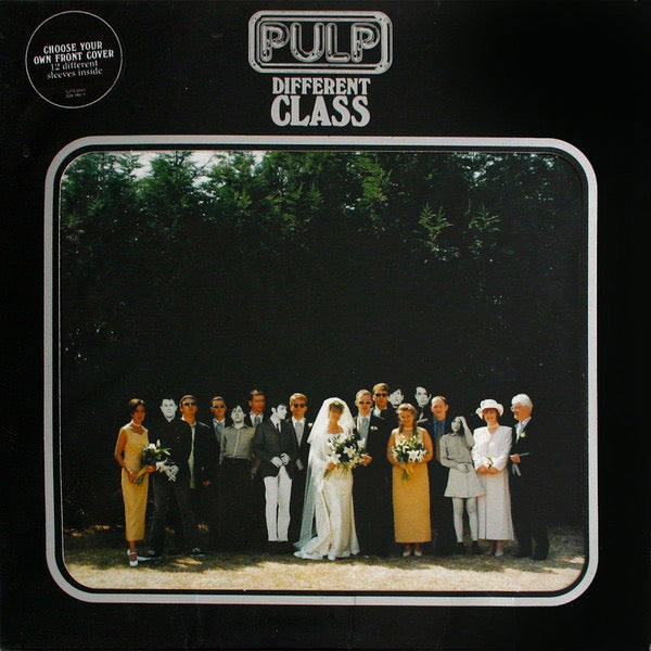 Image of Front Cover of 3124316E: LP - PULP, Different Class (Island; ILPS8041, UK 1995, Die Cut Sleeve, Embossed With Silver Ink With Hype Sticker, Inner & 6 Inserts) Missing the 9/10 card with Candida on one side. Cover has a tear on edge of aperture, creases around the edges, seam split. Vinyl has lots of marks, plays with surface noise but not overpowering the music.  G+/G+