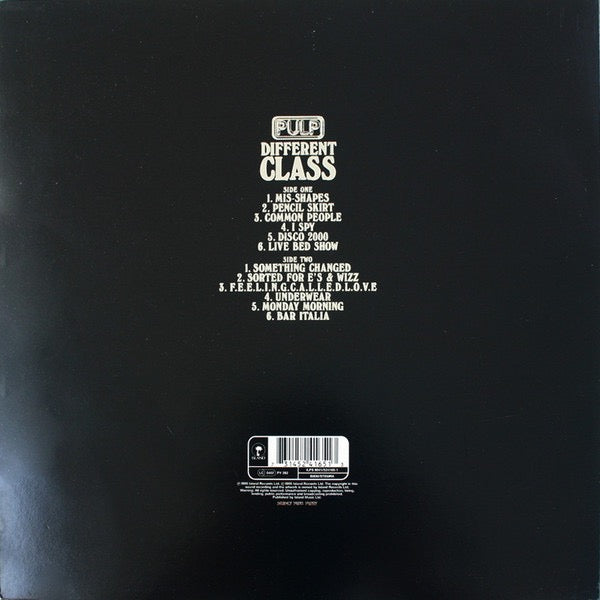 Image of Back Cover of 3124316E: LP - PULP, Different Class (Island; ILPS8041, UK 1995, Die Cut Sleeve, Embossed With Silver Ink With Hype Sticker, Inner & 6 Inserts) Missing the 9/10 card with Candida on one side. Cover has a tear on edge of aperture, creases around the edges, seam split. Vinyl has lots of marks, plays with surface noise but not overpowering the music.  G+/G+