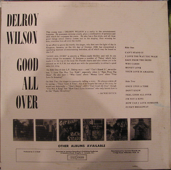 Image of Back Cover of LP - VG/VG - DELROY WILSON, Good All Over (Coxsone Records; C-SL-8014, US 1990s Reissue, Picture Sleeve), Some notable marks on A-side, but play through fine. Sleeve has some wear, light staining, creases, sticker glue. Labels off-centre,  - 2216478C