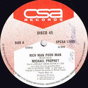 Image of Front Cover of 12" - /VG+ - MICHAEL PROPHET, Rich Man Poor Man / Never Fall In Love (CSA Records; SPCSA 12003, UK 1983), ,  - 1346296S