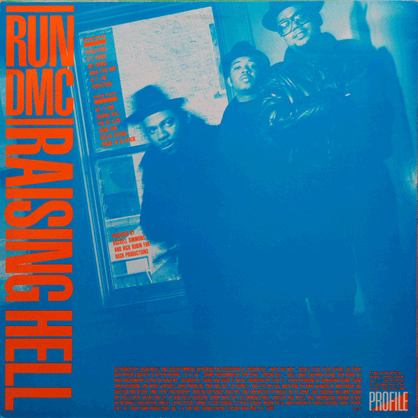 Image of Back Cover of 4745238S: LP - RUN DMC, Raising Hell (Profile Records; PRO1217, US 1986, Picture Sleeve, Green Front, blue back) Hairlines and scuffs, small promo notch cut on upper left, edge wear  VG/VG