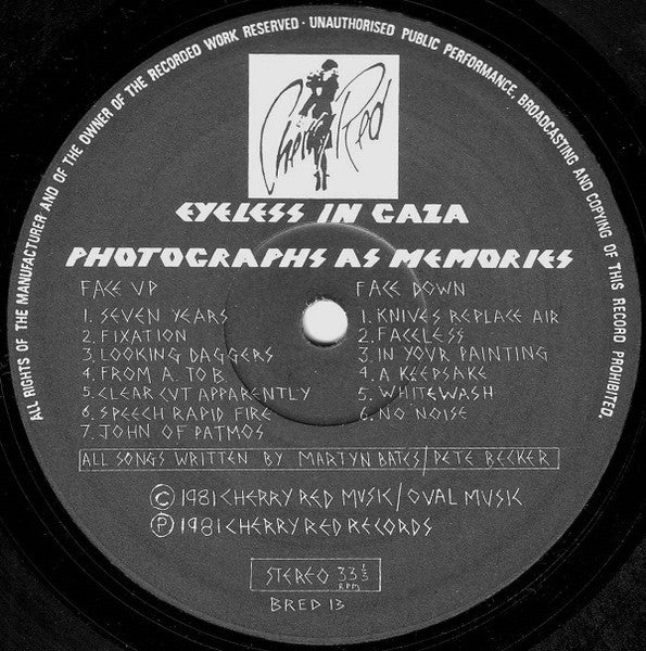 Image of Label Cover of LP - VG/VG - EYELESS IN GAZA, Photographs as Memories (Cherry Red Black Labels With Smaller Cat. No; BRED13, UK 1981), Strong VG throughout, A few very fine wipsy marks, Light pinches to sleeve edges. ,  - 2615095C