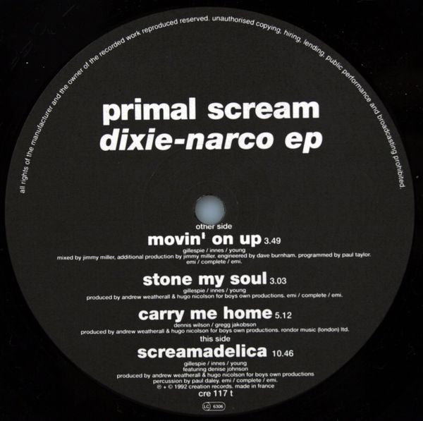 Image of Label Cover of 12" EP - VG/VG+ - PRIMAL SCREAM, Dixie-Narco EP (Creation Records ; cre 117 t, UK 1992, Hype Stickered Sleeve), ,  - 3616180C