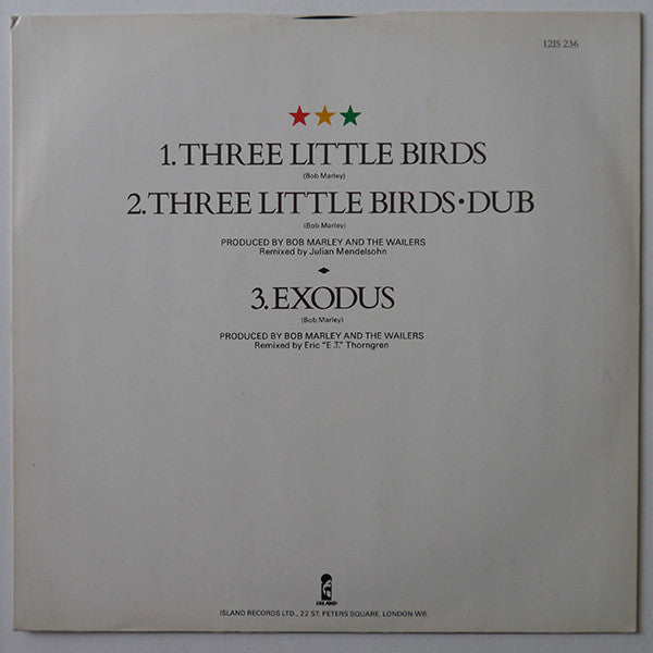 Image of Back Cover of 12" - VG/VG - BOB MARLEY AND THE WAILERS, Three Little Birds (Tuff Gong ; 12 IS 236, UK 1985, Picture Sleeve), Light lines only, shiny. Yellowing on back sleeve.,  - 2416126C