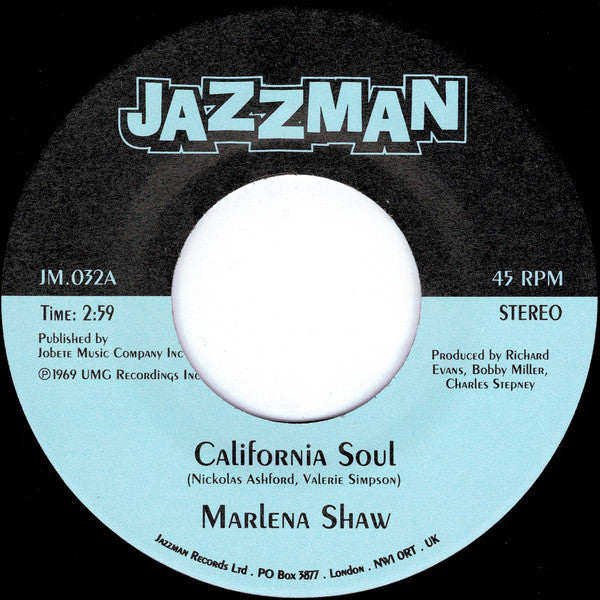 Image of Back Cover of 7" - /VG+ - MARLENA SHAW, California Soul / Wade In The Water (Jazzman; JM.032, UK 2004 Reissue, Plain sleeve), A few light marks,  - 2816206C
