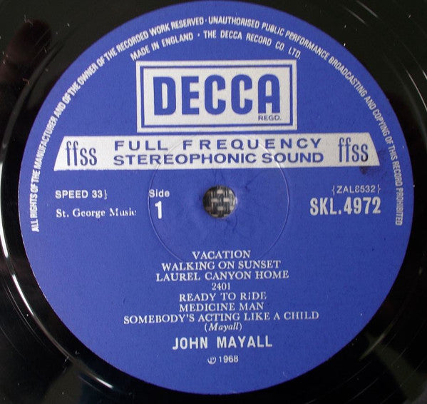Image of Label Cover of 1645198S: LP - JOHN MAYALL, Blues From Laurel Canyon (Decca; SKL 4972, UK 1970 Reissue, Laminated Gatefold, Company Inner) Edge wear, creasing to laminate, writing on back of sleeve. Slight fogging to disc. Light hairlines and surface marks.  VG/VG