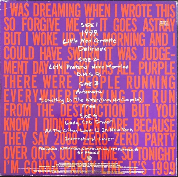 Image of Back Cover of 2xLP - VG/VG+ - PRINCE, 1999 (WB; 92.3720-1, UK 1983 Reissue, 2 Inners, No Barcode), Discs close to EX, sleeve has some sticker residue to top R of front, and has some light moisture warping along bottom, but still looks good,  - 3026047E
