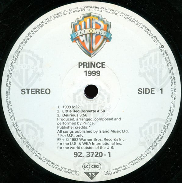 Image of Label Cover of 2xLP - VG/VG+ - PRINCE, 1999 (WB; 92.3720-1, UK 1983 Reissue, 2 Inners, No Barcode), Discs close to EX, sleeve has some sticker residue to top R of front, and has some light moisture warping along bottom, but still looks good,  - 3026047E