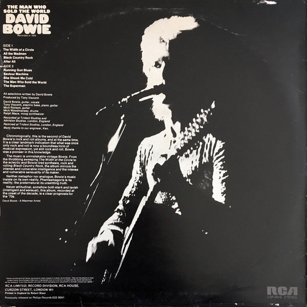 Image of Back Cover of LP - VG/VG - DAVID BOWIE, The Man Who Sold The World (RCA Victor; LSP-4816, UK 1970s Reissue, Inner, UK issue with imported USA Dynaflex vinyl, "Previously relased on Philips Records"), Light scuffs, edge & ring wear, sticker damage,  - 3046189S
