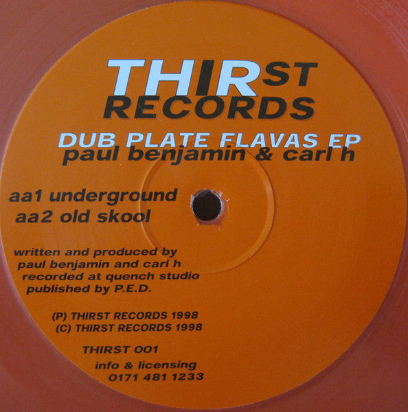 Image of Back Cover of 12" EP - /VG - PAUL BENJAMIN & CARL H, Dub Plate Flavas EP (Thirst Records; THIRST 001, UK 1998, Orange Vinyl), Light marks only,  - 2546266S