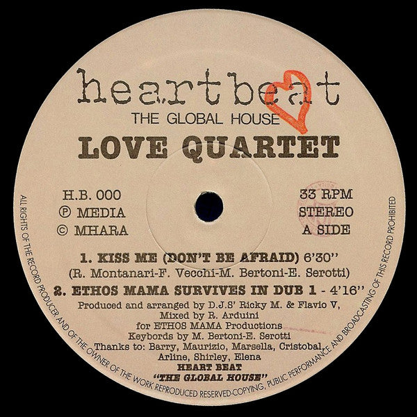 Image of Front Cover of 12" - VG+/VG+ - LOVE QUARTET, Kiss Me (Don't Be Afraid) (Heratbeat; H.B. 000, Italy 1992, Company Sleeve), Very light wear all around.,  - 2546137S