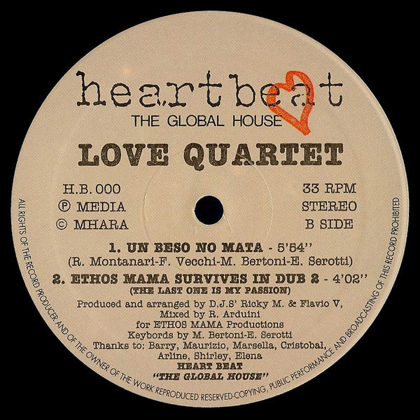 Image of Back Cover of 12" - VG+/VG+ - LOVE QUARTET, Kiss Me (Don't Be Afraid) (Heratbeat; H.B. 000, Italy 1992, Company Sleeve), Very light wear all around.,  - 2546137S