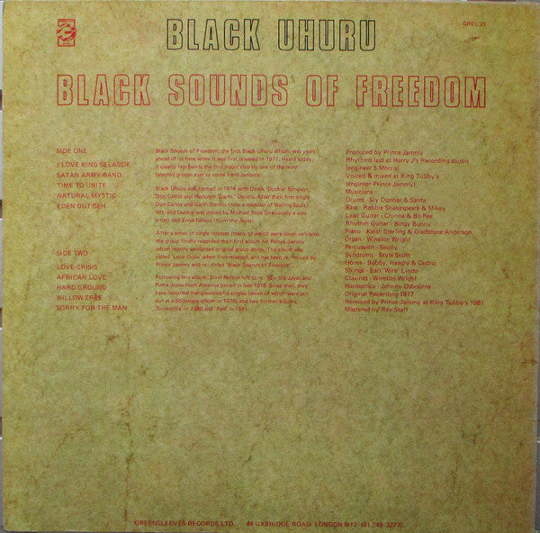 Image of Back Cover of LP - VG/VG - BLACK UHURU, Black Sounds Of Freedom (Greensleeves Records; GREL 23, UK 1981), Some writing on sleeve. VG vinyl with very few light hairlines,  - 3926395E
