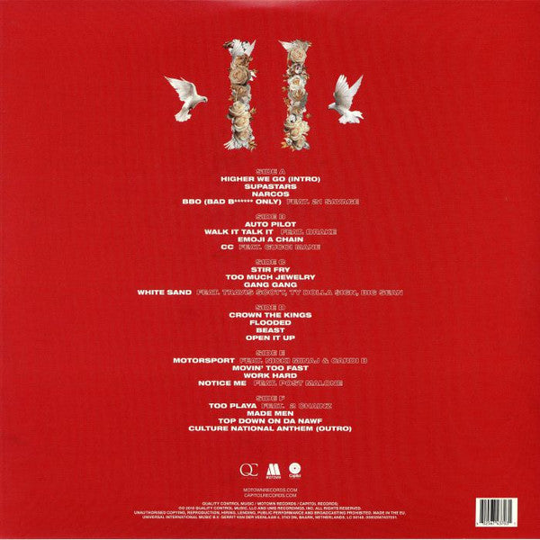 Image of Back Cover of 3xLP - G+/VG+ - MIGOS, Culture II (Quality Control Music; 00602567437031, Europe 2018, Triple Gatefold, Insert), Discs look barely played, sleeve has some creases and ringwear and sticker damage to top R corner,  - 3826015E