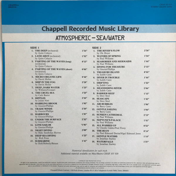 Image of Back Cover of LP - VG/VG+ - VARIOUS, Atmospheric - Sea/Water (Chappell; CHAP AV 015, UK 1986), Stickered Sleeve,  - 4246159S