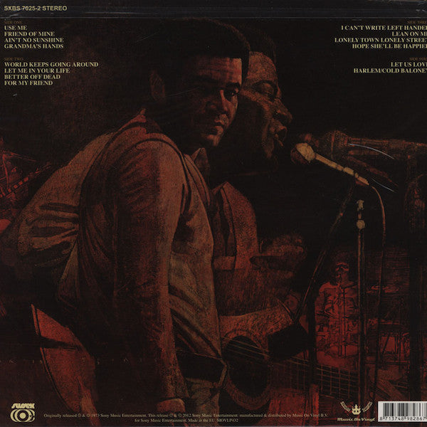 Image of Back Cover of 2xLP - NEW/NEW - BILL WITHERS, Live At Carnegie Hall (Music On Vinyl; MOVLP432, UK 2012 Reissue, Gatefold, 2 Inners, 180 Gram Vinyl), , Bill Withers' Live At Carnegie Hall was recorded almost 40 years ago on a rainy Friday evening, but it is still regarded as one of the best live performances in the history of soul music. With beautiful renditions of his classics "Ain't No Sunshine", "Use Me", "Grandma's Hands" and of course his biggest hit "Lean On Me", this shouldn't come as a surpr