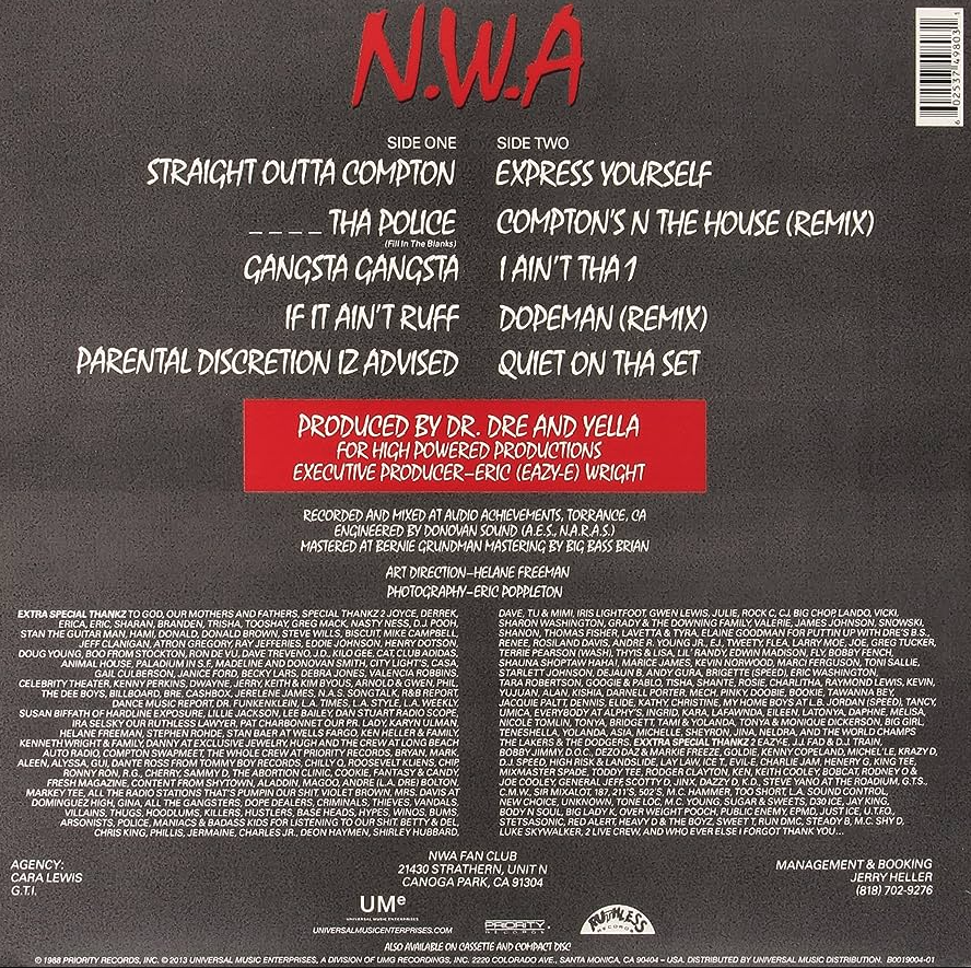 Image of Back Cover of LP - NEW/NEW - N.W.A, Straight Outta Compton (Back To Black; 5346995, Europe 2021 Reissue, 180 Gram), , "Straight Outta Compton" was the hugely successful and highly controversial second album from Eazy E, Ice Cube, MC Ren, DJ Yella, and Dr Dre. Consisting of simple drum machine beats, funk samples, scratching, and the trio's infectious rapping style, the album became a instant worldwide hit helping spawn the gangsta rap phenomenon of the early nineties. - 1116327C