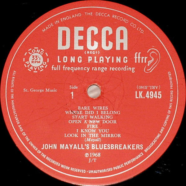 Image of Label Cover of LP - G+/G+ - JOHN MAYALL'S BLUES BREAKERS, Bare Wires (Decca Red Unboxed; LK4945, UK 1968, Gatefold, Mono, J/T Tax Code At Bottom of Label), Wispy marks, Sleeve intact but a bit worn. ,  - 2016246C