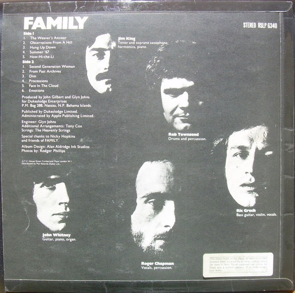 Image of Back Cover of 4044322S: LP - FAMILY, Entertainment (Reprise Tricolour; RSLP6340, UK 1969, Laminated Flipback Sleeve, No Poster, "Pop Series" Labels) Vinyl has just a few light marks but has a small chip in the dead wax at the start, Sleeve has light   VG/G+