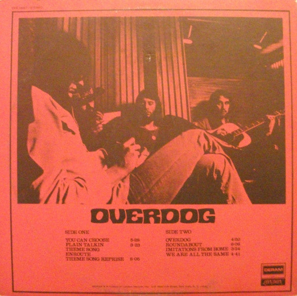Image of Back Cover of LP - G+/G+ - KEEF HARTLEY BAND, Overdog (Deram White and Brown; DES 18057, US 1971, Textured Gatefold Sleeve, Company Inner, Waddell Press), Scuffs and hairlines all over disc, all surface. Edge wear, large seam split to top edge, sticker damage on front of sleeve, one patch has been coloured in with red pen.,  - 1246296S